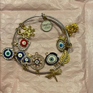 Sagitta-rius Gold & Silver Evil Eye Charm Bracelet Set (2 bracelets & wire ring)